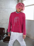 TGFCLUB Rhinestone Portrait Heavy Washed Distressed Long Sleeve Tee