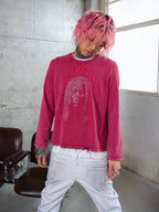 TGFCLUB Rhinestone Portrait Heavy Washed Distressed Long Sleeve Tee