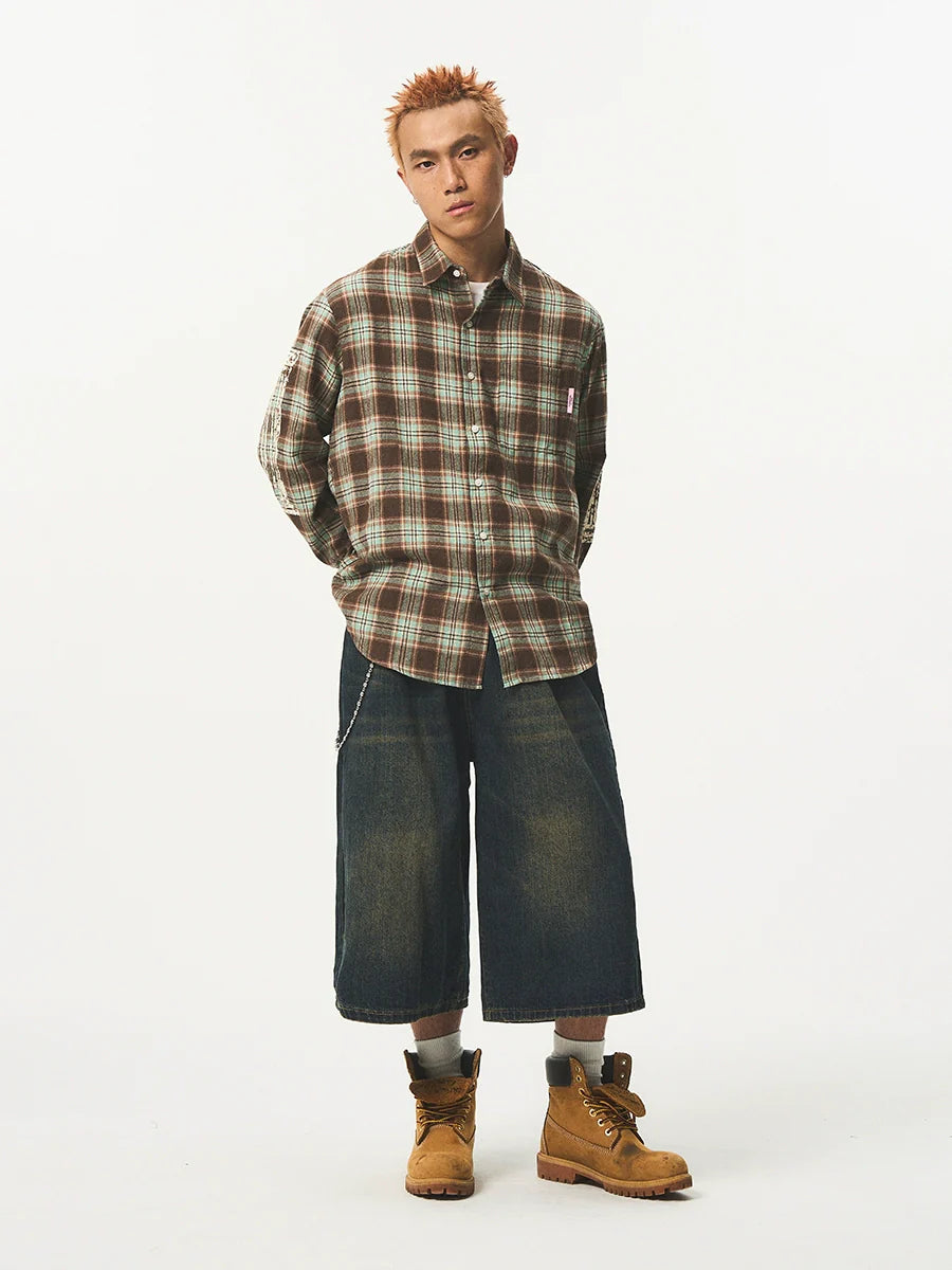 EMPTY REFERENCE Roman Column Print Plaid Long Sleeve Shirt