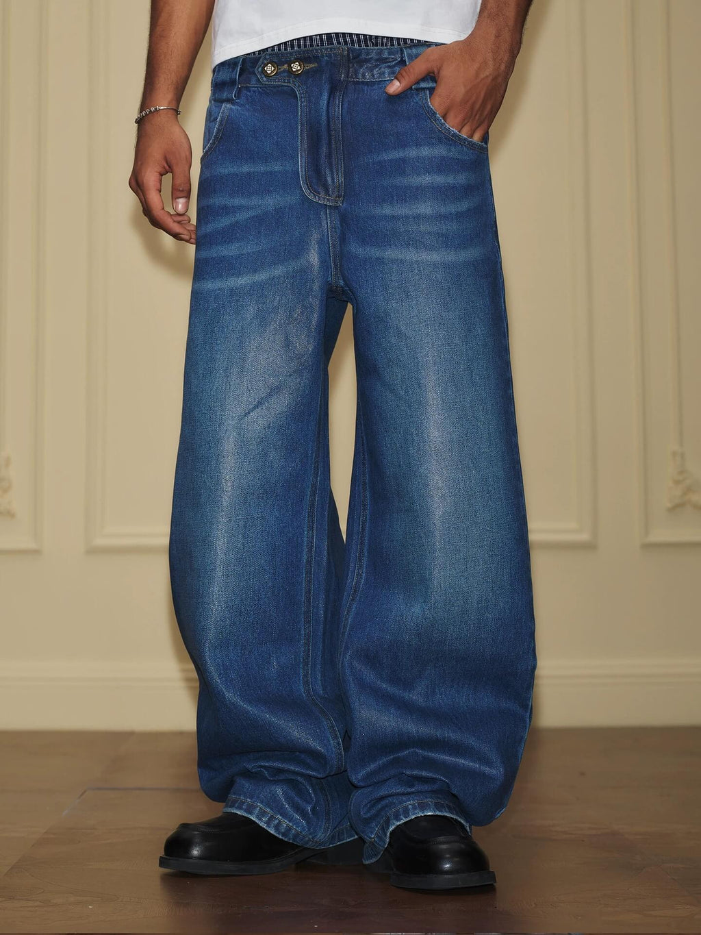 YADcrew PU Jelly Finish Washed Flared Denim Jeans