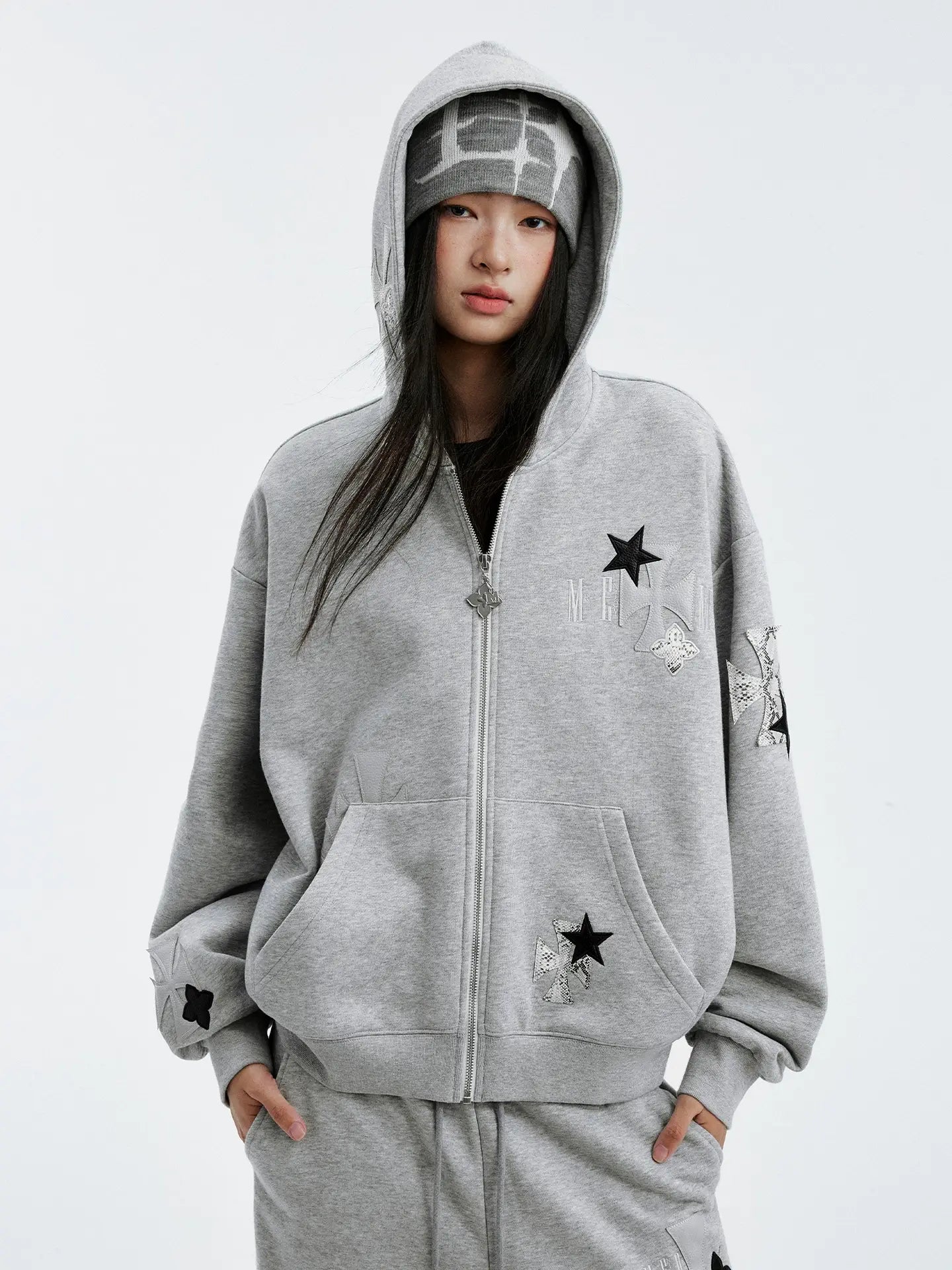 MEDM Cross Star Leather Patchwork Zip Up Hoodie