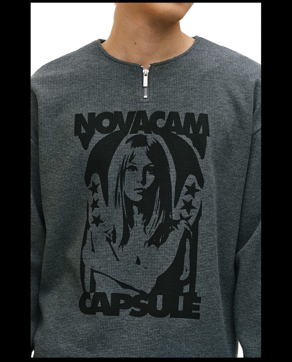 NOVACAM Waffle Vintage Print Zip Long Sleeve Tee