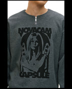 NOVACAM Waffle Vintage Print Zip Long Sleeve Tee