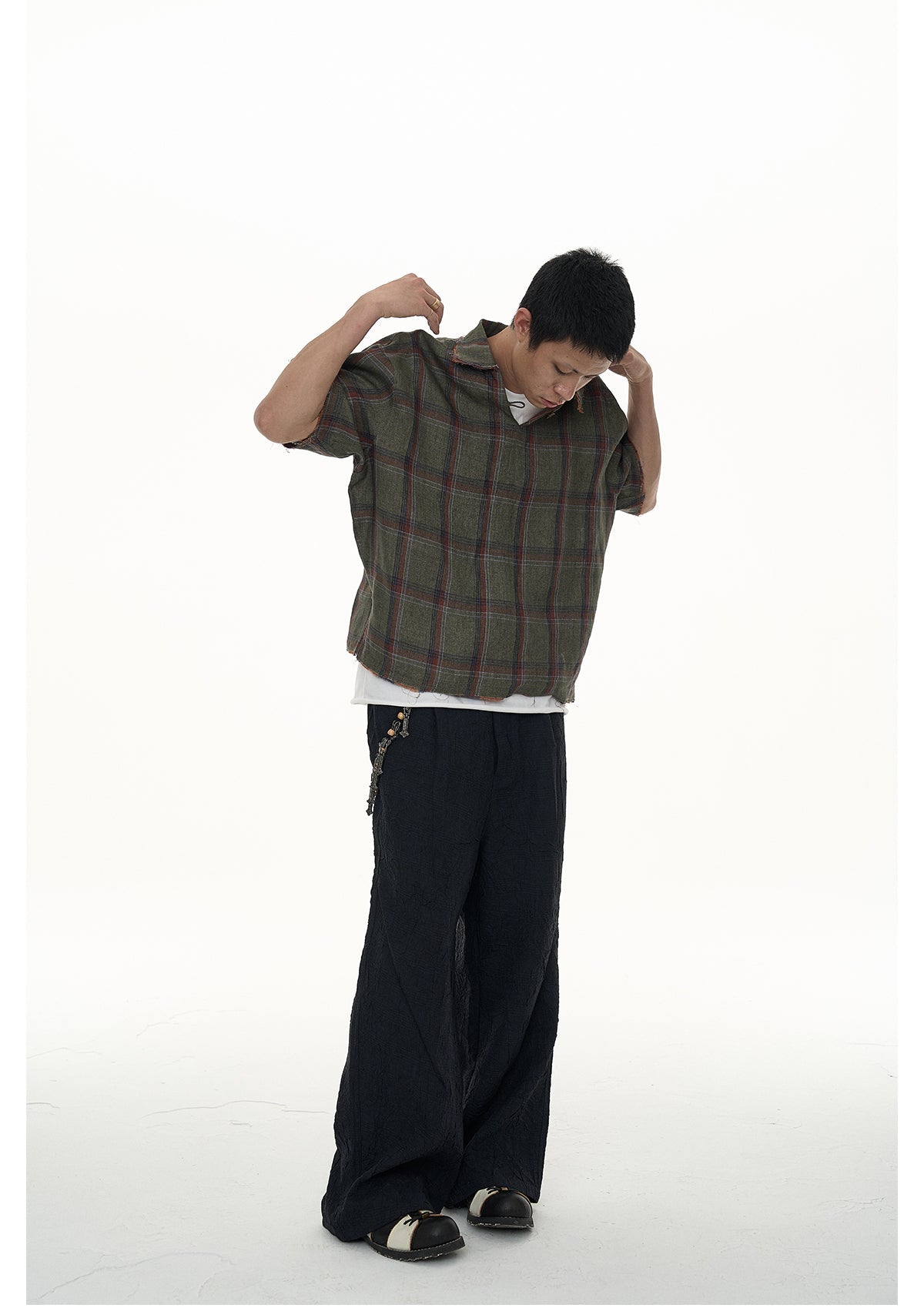 EVILKNIGHT(EK) Striped Plaid Tie-Dye Linen Polo Shirt