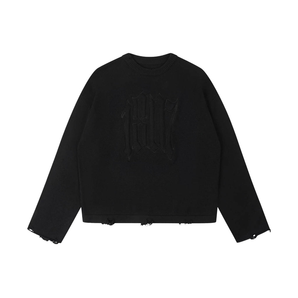 1807 3D Logo Embroidered Distressed Knit Sweater
