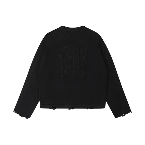 1807 3D Logo Embroidered Distressed Knit Sweater