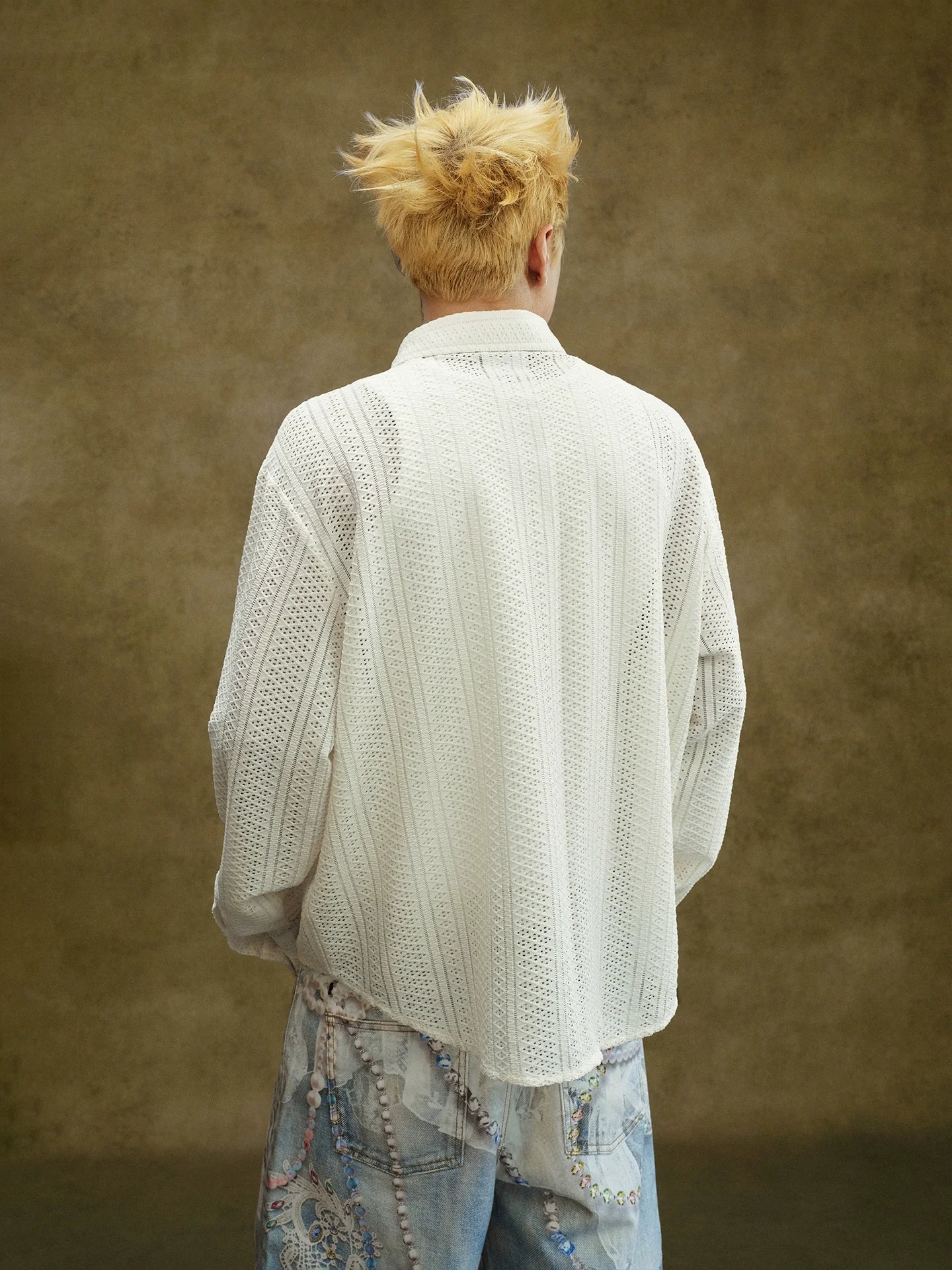 YADcrew Peace Dove Hollow Mesh Long Sleeve Shirt
