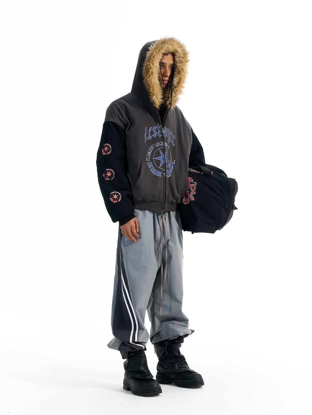 BLIND NO PLAN Color Block Fur Hood Padded Jacket