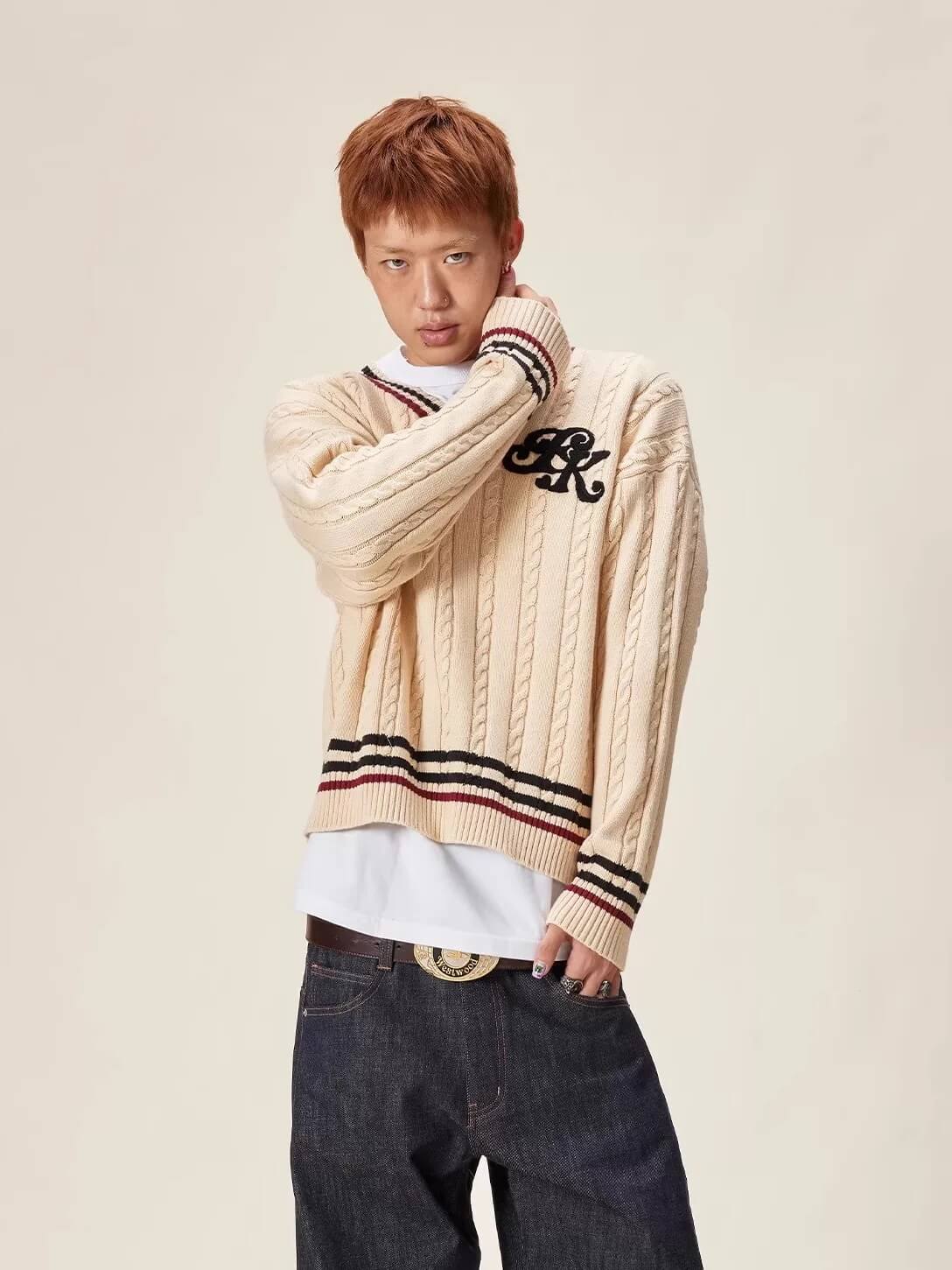 EVILKNIGHT(EK) Logo Cable Knit V Neck Sweater