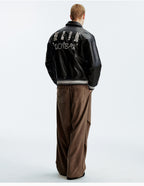MEDM Leopard Patch Pearl PU Leather Varsity Jacket