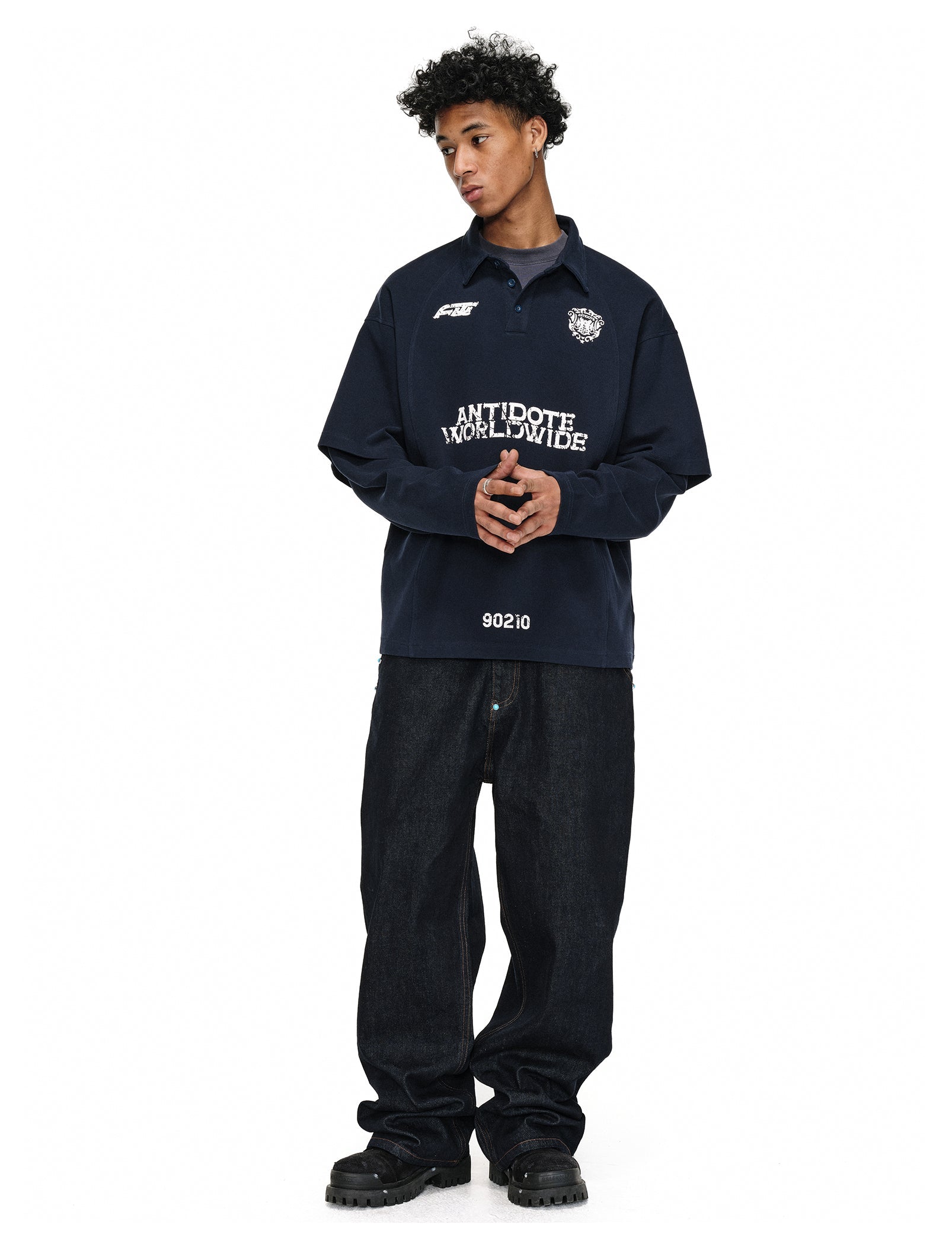 ANTIDOTE Logo & Badge Printed Layered Long Sleeve Polo