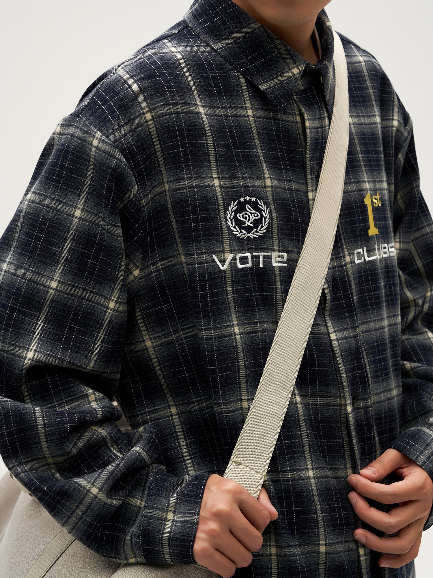 VOTE Navy Plaid Embroidery Long Sleeved Shirt