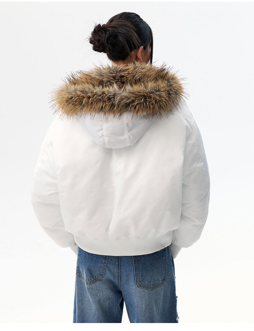 MEDM Silicone Logo Patch Fur Hooded Bomber Jacket