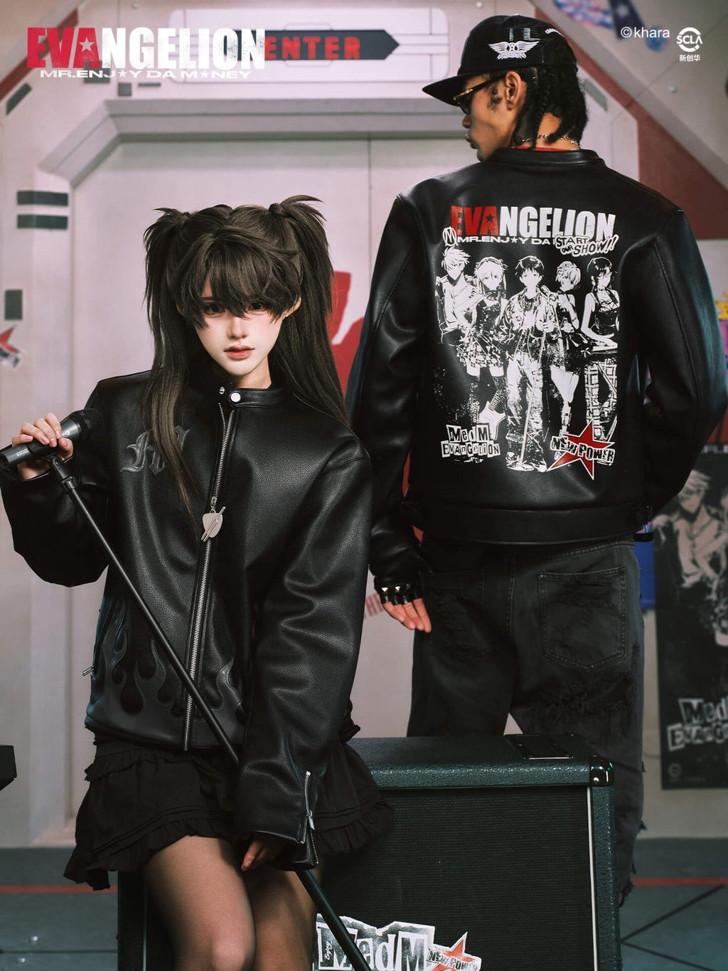 MEDM x EVA NEVER END Flame Character Portraits PU Leather Biker Jacket