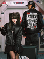 MEDM x EVA NEVER END Flame Character Portraits PU Leather Biker Jacket