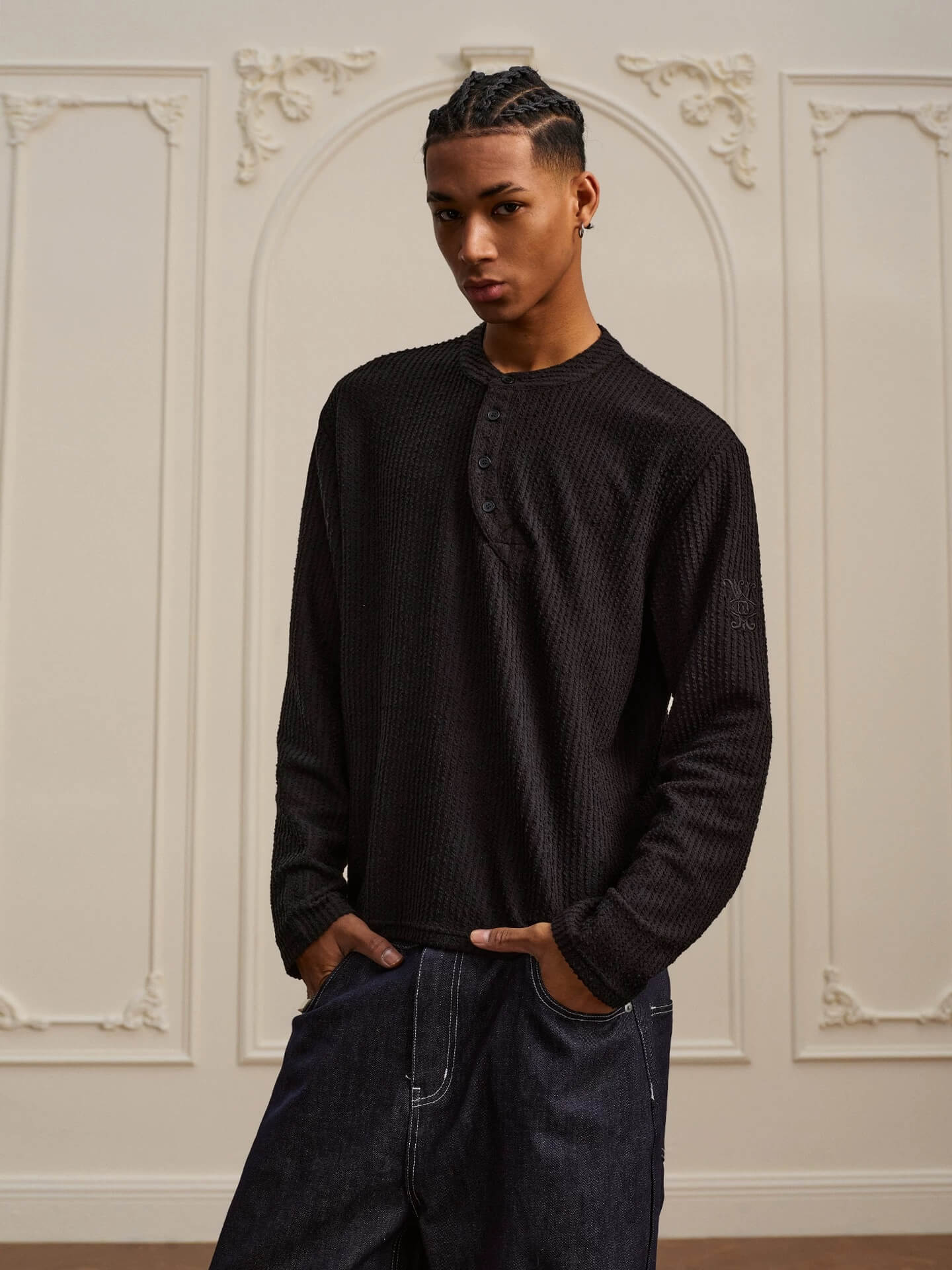 YADcrew Twisted Henley Pinstripe Long Sleeve Tee