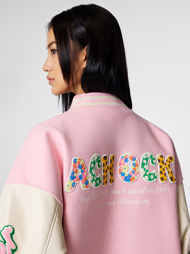 Achock Colorful Flower Logo Embroidery Varsity Jacket