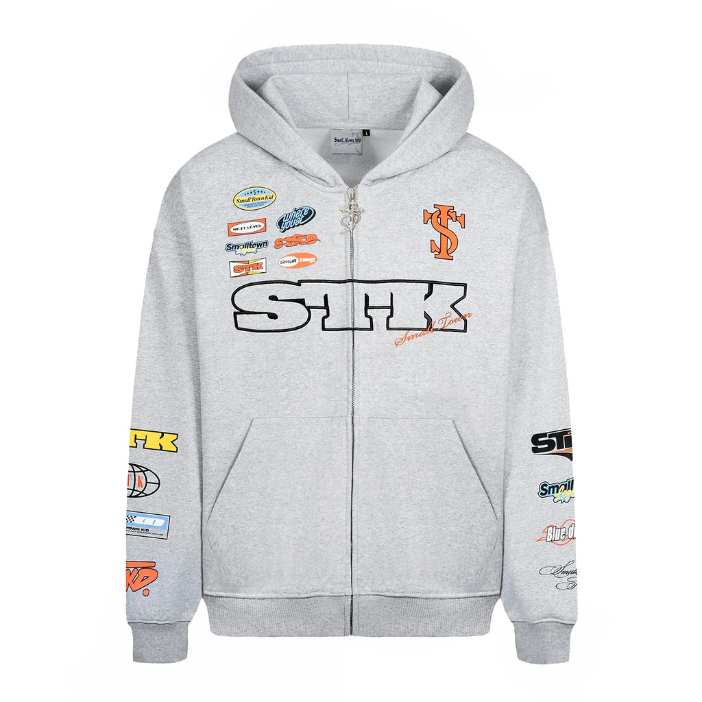 Small Town Kid Racing Badge Printed and Embroidered Zip-Up Hoodie