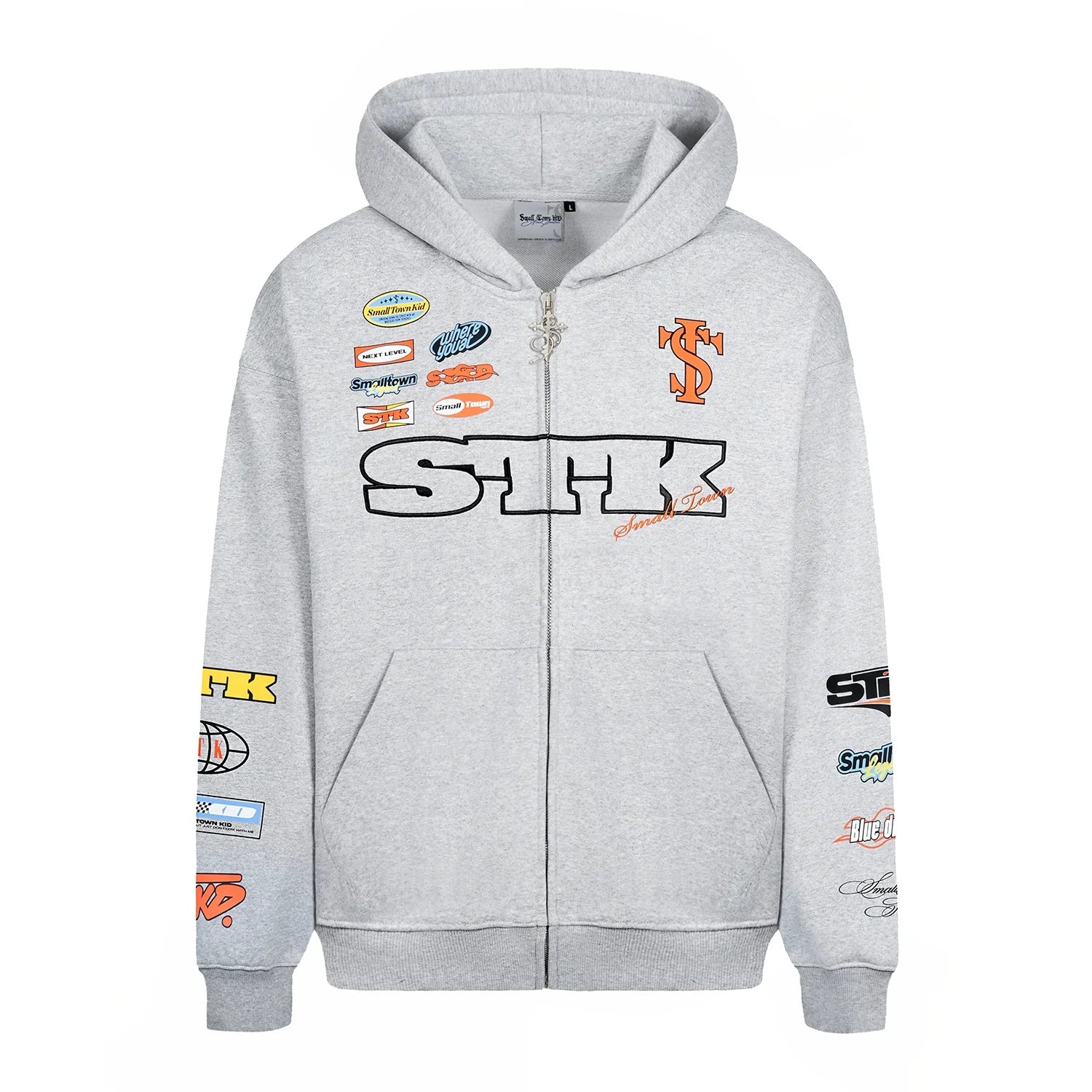 Small Town Kid Racing Badge Printed and Embroidered Zip-Up Hoodie