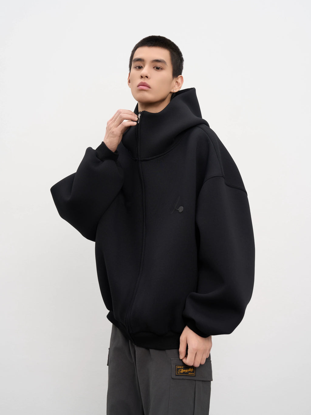 AFGK Air Layer High Collar Embroidered Oversized Zip-Up Hoodie