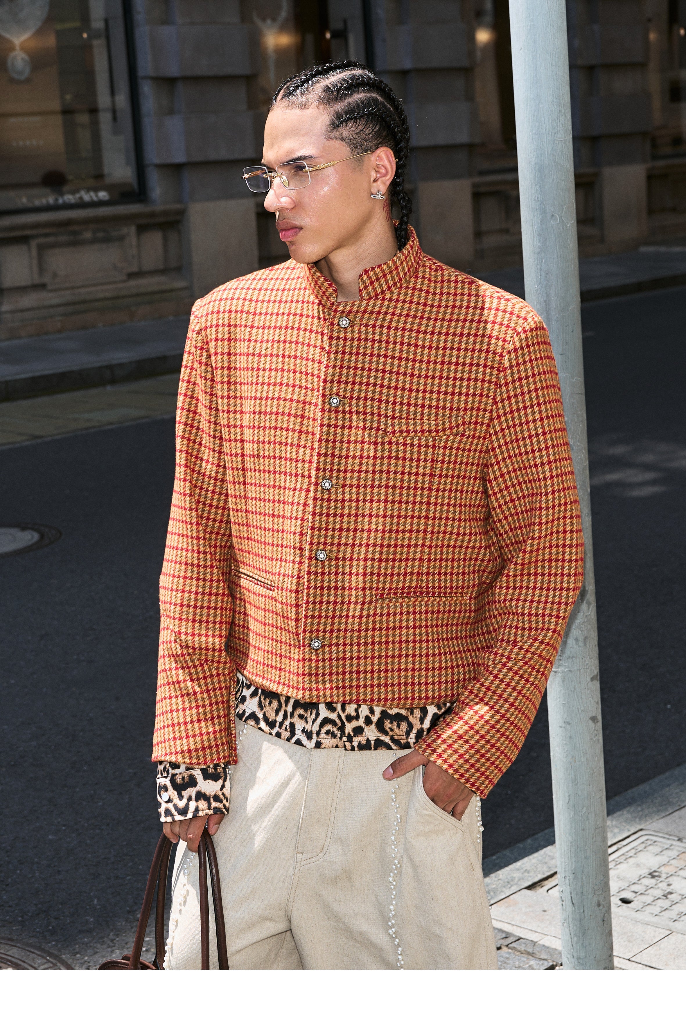 STEEPC Houndstooth Wool Blend Short Suit Jacket