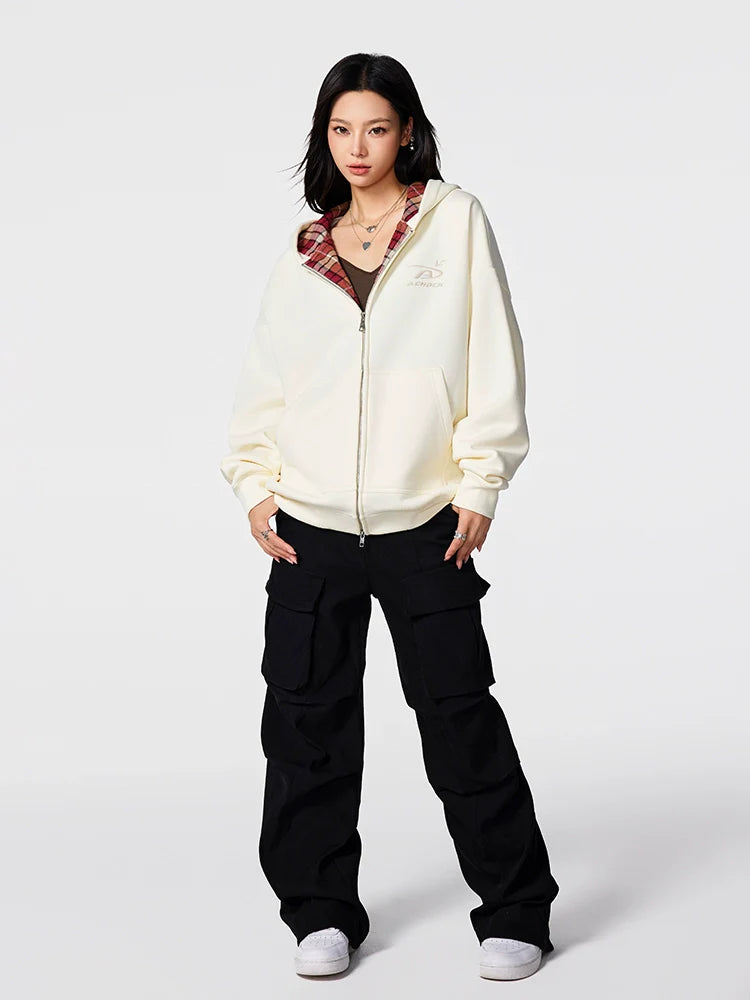 Achock Logo Embroidery Plaid Lining Zip Up Hoodie