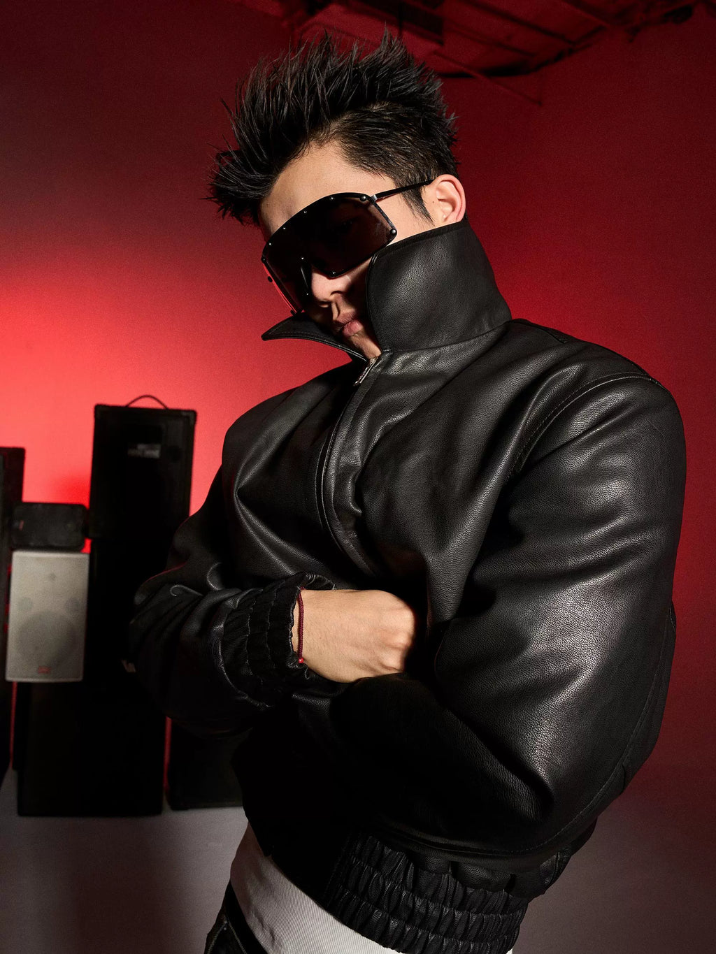 KARMANISTIC Graphic Embroidered Leather Short Bomber Jacket