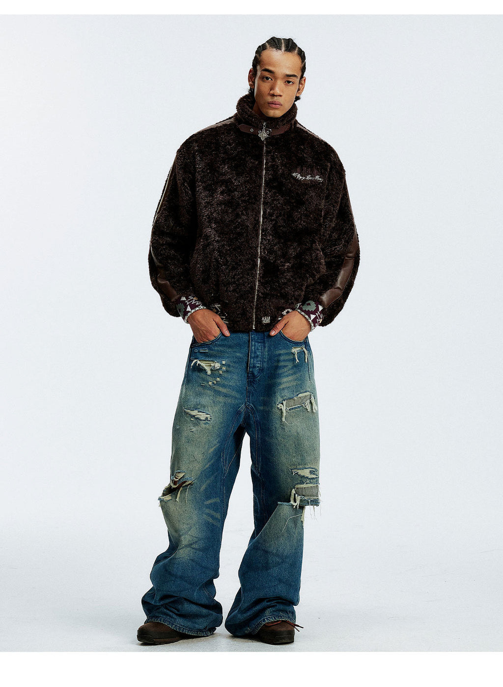 MEDM Ethnic Trim Belted Sherpa Jacket