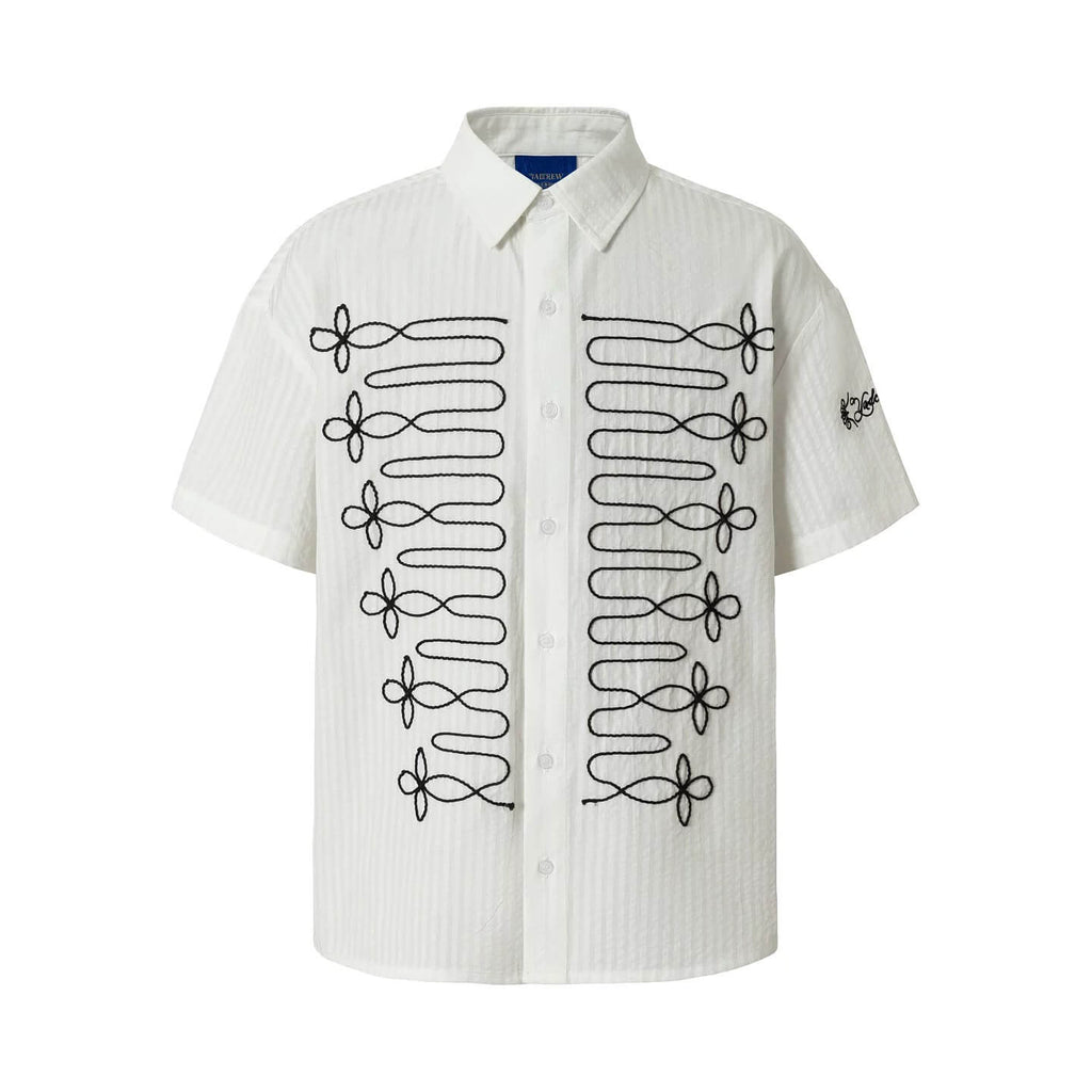 YADcrew Braid Embroidered Striped Seersucker Short Sleeve Shirt