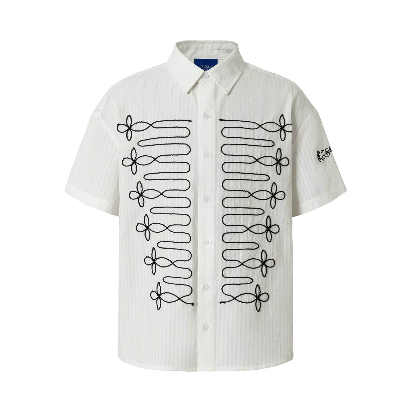 YADcrew Braid Embroidered Striped Seersucker Short Sleeve Shirt