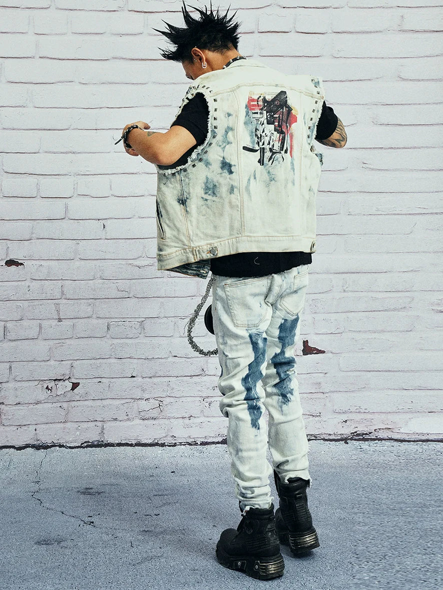 VENTUREK Bleach Wash Patch Rivet Denim Vest
