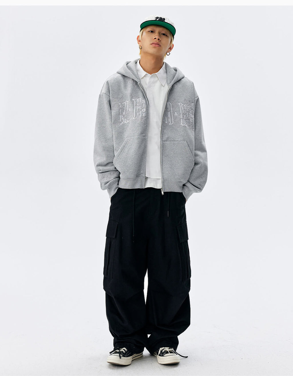 MEDM Flower Embroidered Zip Up Hoodie
