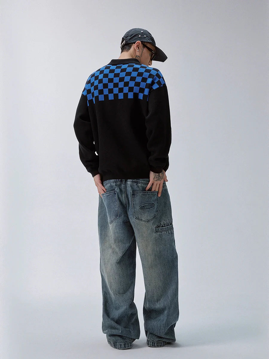 F2CE Checkerboard Pattern Polo Knit Sweater