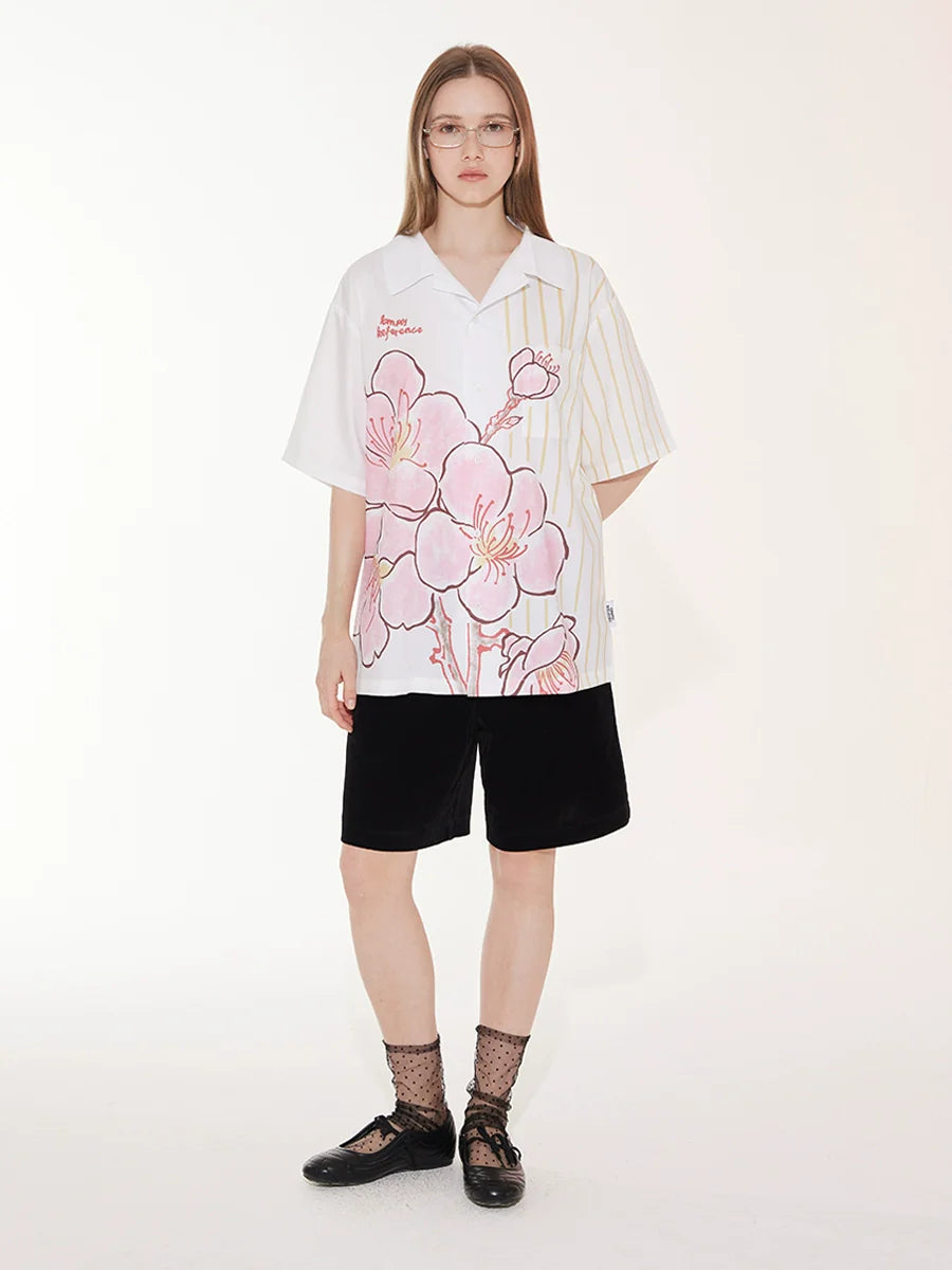 EMPTY REFERENCE Striped Floral Print Short Sleeve Shirt