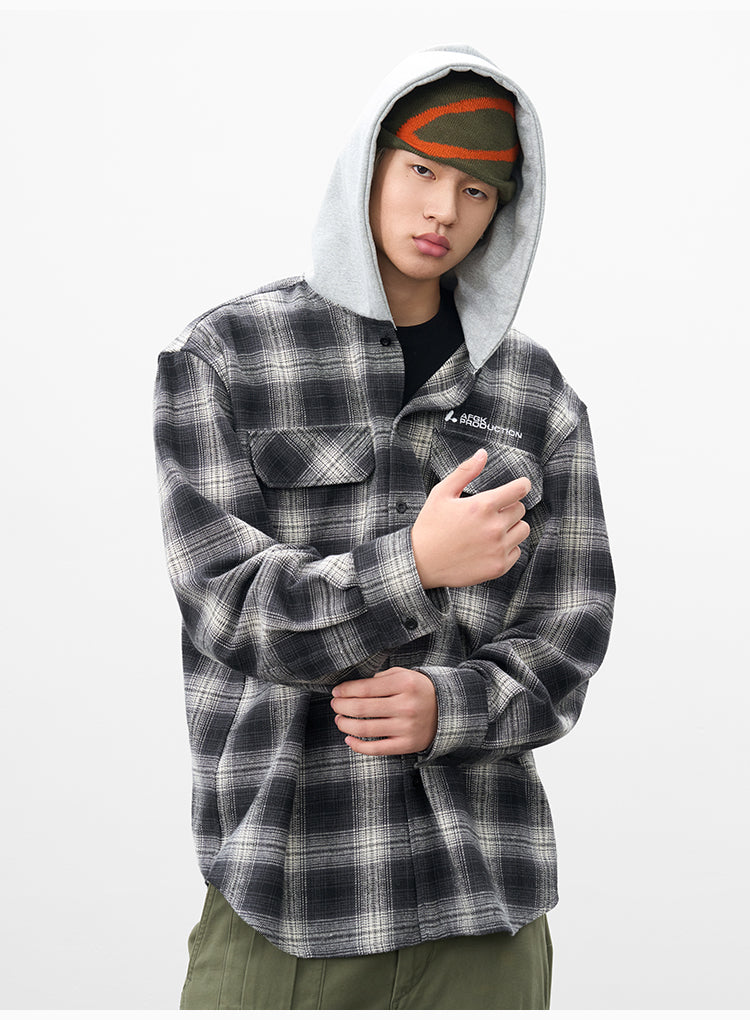 AFGK Plaid Embroidered Hooded Long Sleeve Shirt