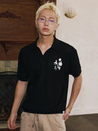 MEDM Rose Embroidered Textured Stripe Knit Polo