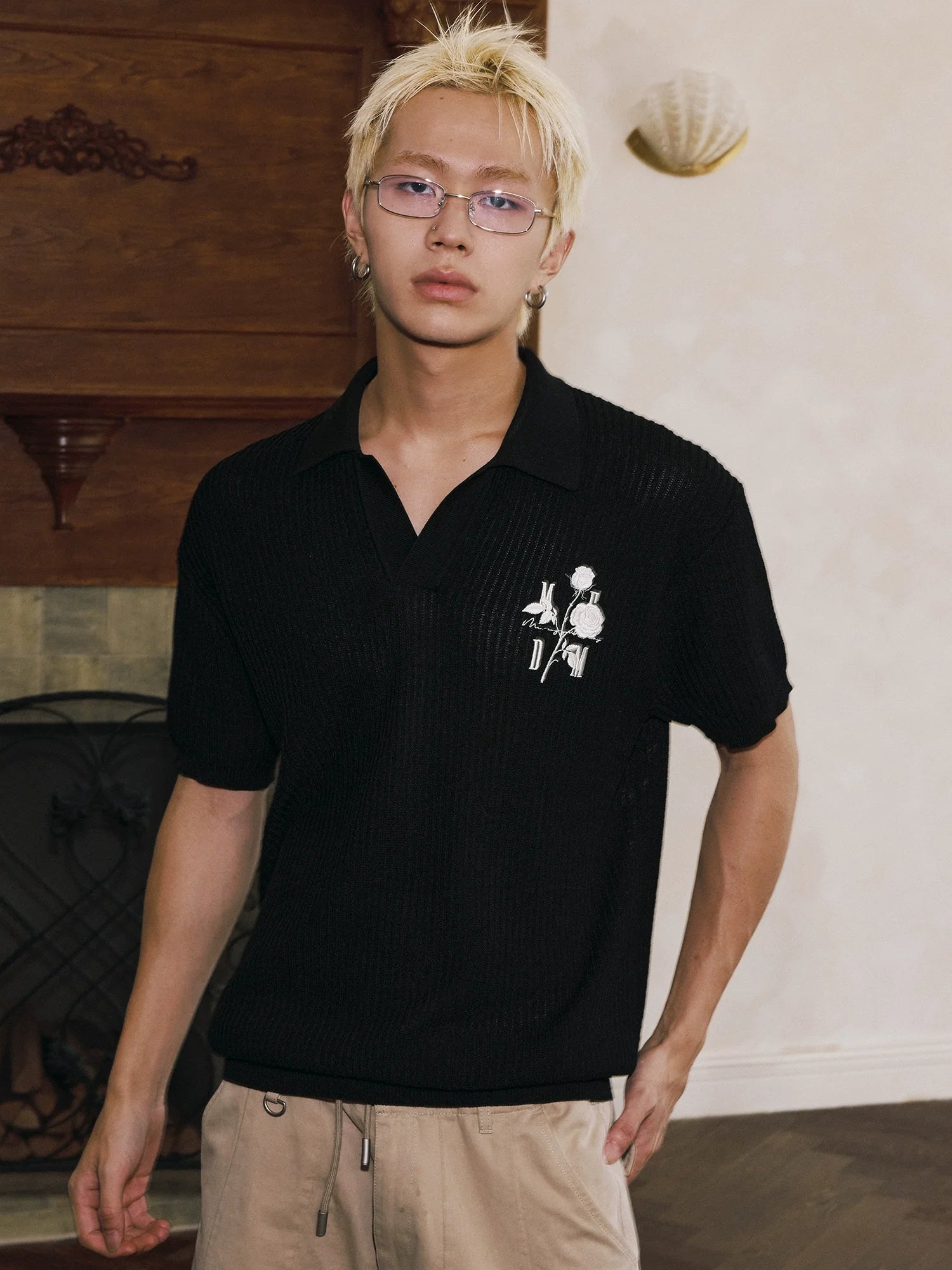 MEDM Rose Embroidered Textured Stripe Knit Polo