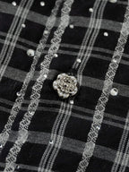 YADcrew Plaid Rhinestone Cascade Flower Button Short Sleeve Shirt