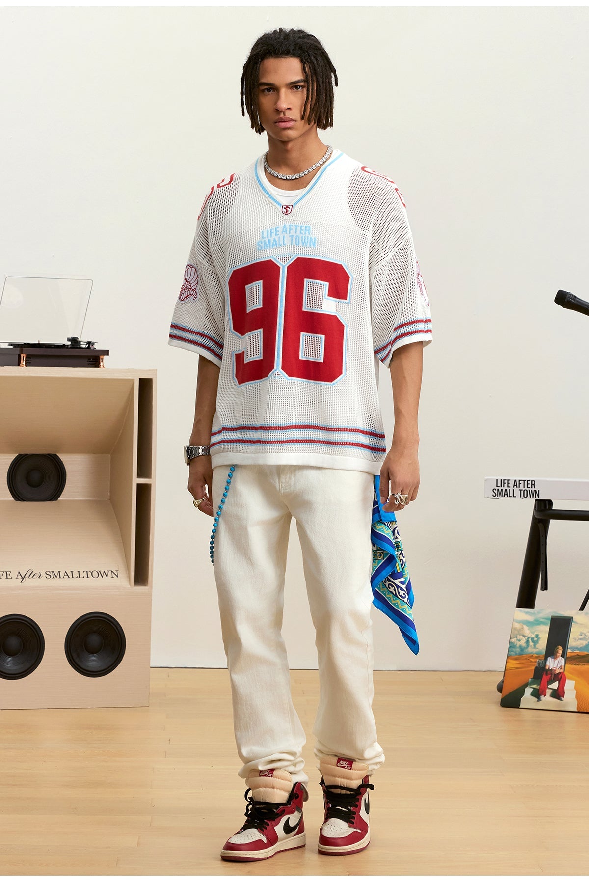 Small Town Kid Mesh Knit V Neck Rugby Jersey