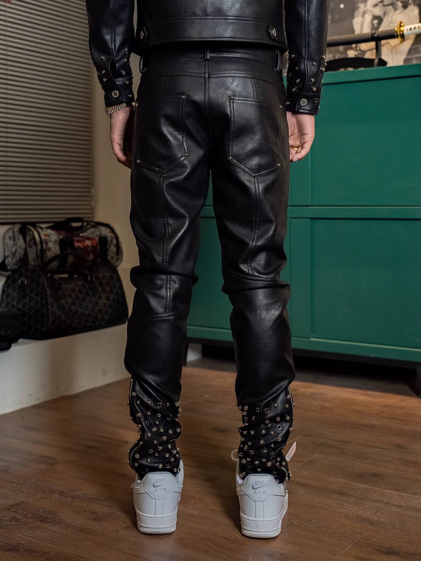 TGFCLUB Embossed Studded Slim Fit PU Leather Pants