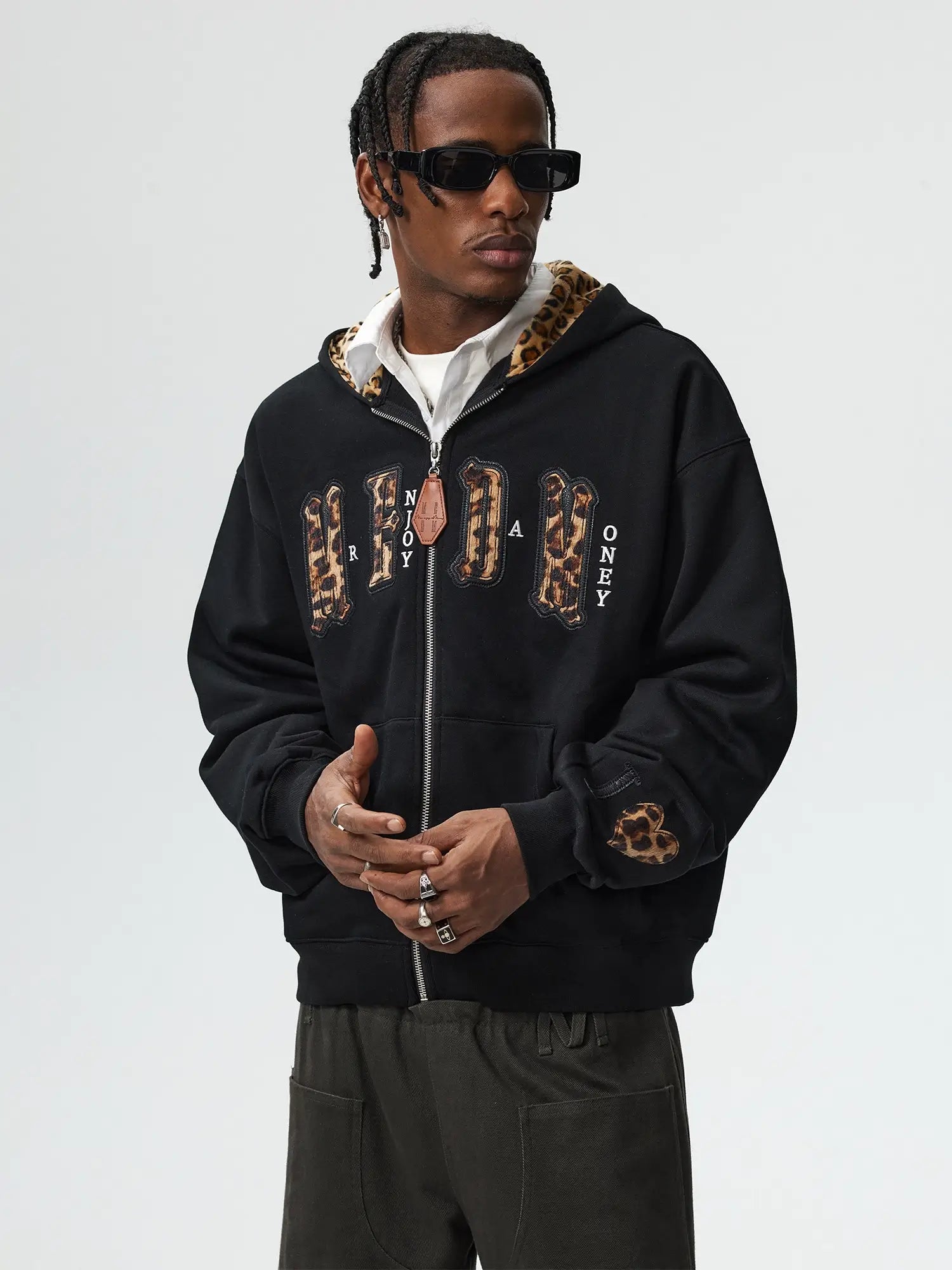 MEDM Leopard Faux Fur Layered Zip Up Hoodie