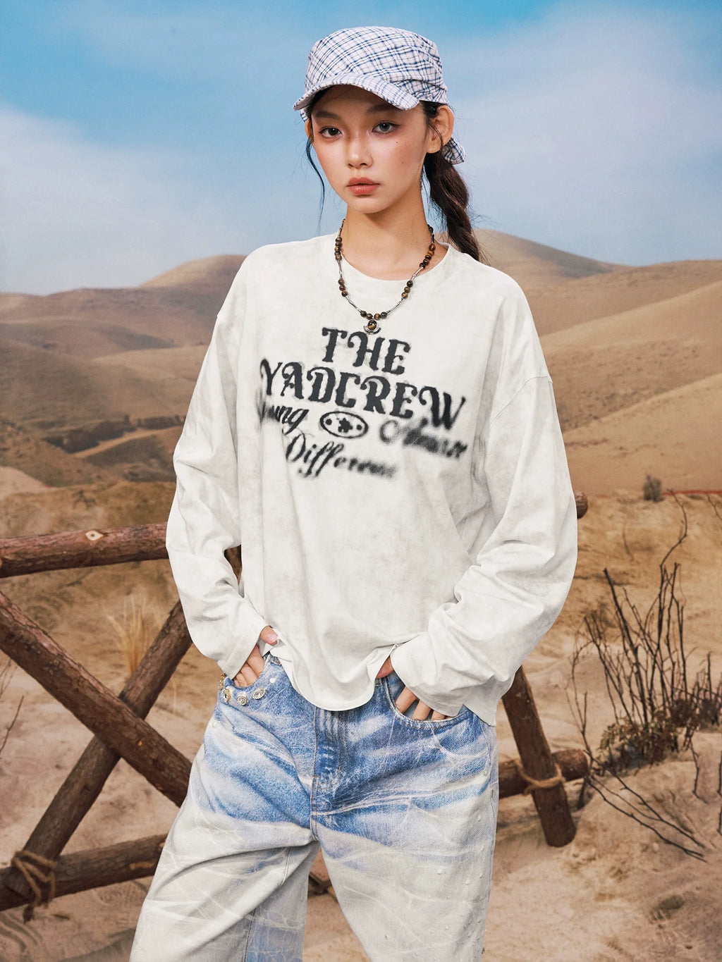 YADcrew Washed Ink Dyed Print Long Sleeve Tee