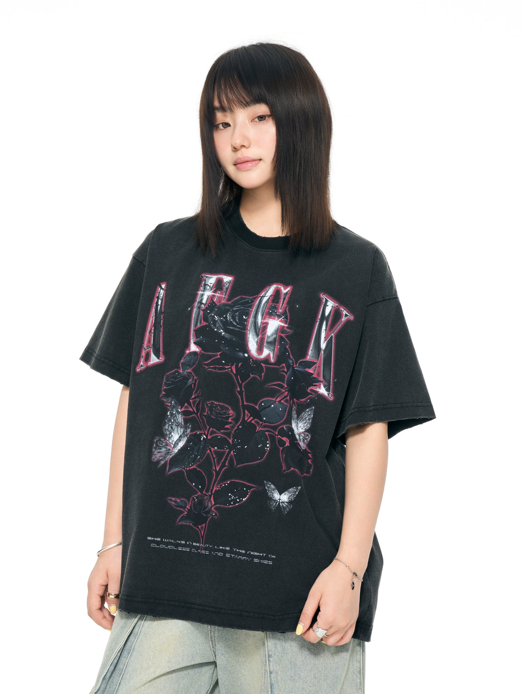 AFGK Metal Rose Print Distressed Washed Tee