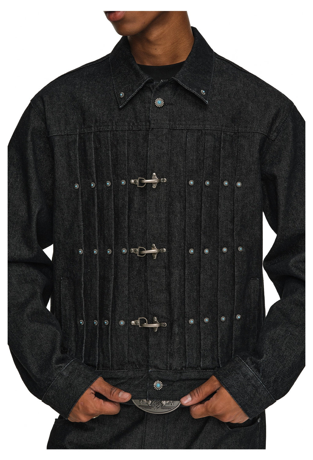 ANTIDOTE Turquoise Studded Pleated Buckle Denim Jacket