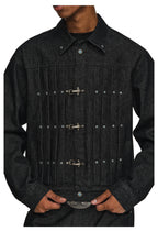 ANTIDOTE Turquoise Studded Pleated Buckle Denim Jacket