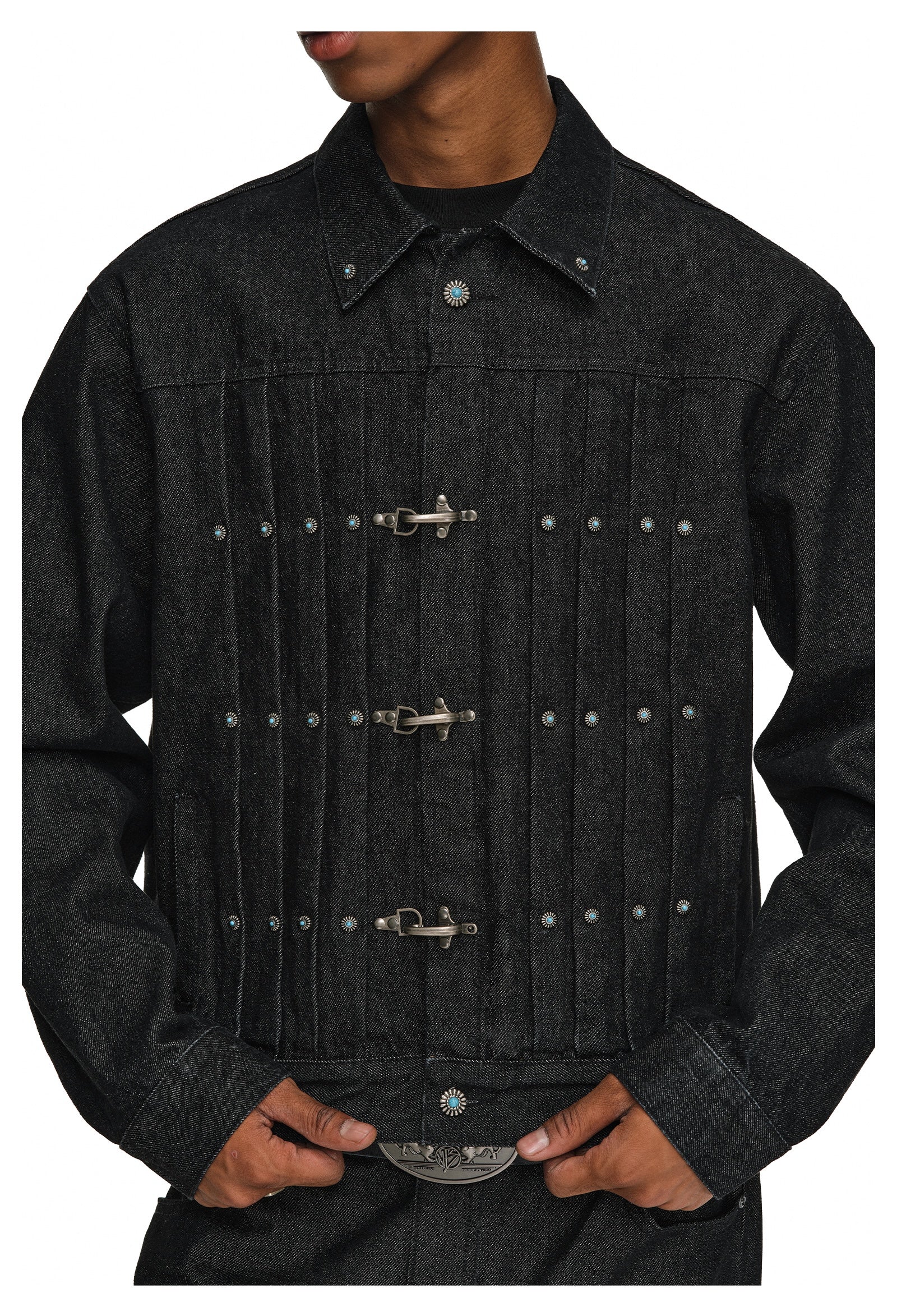 ANTIDOTE Turquoise Studded Pleated Buckle Denim Jacket