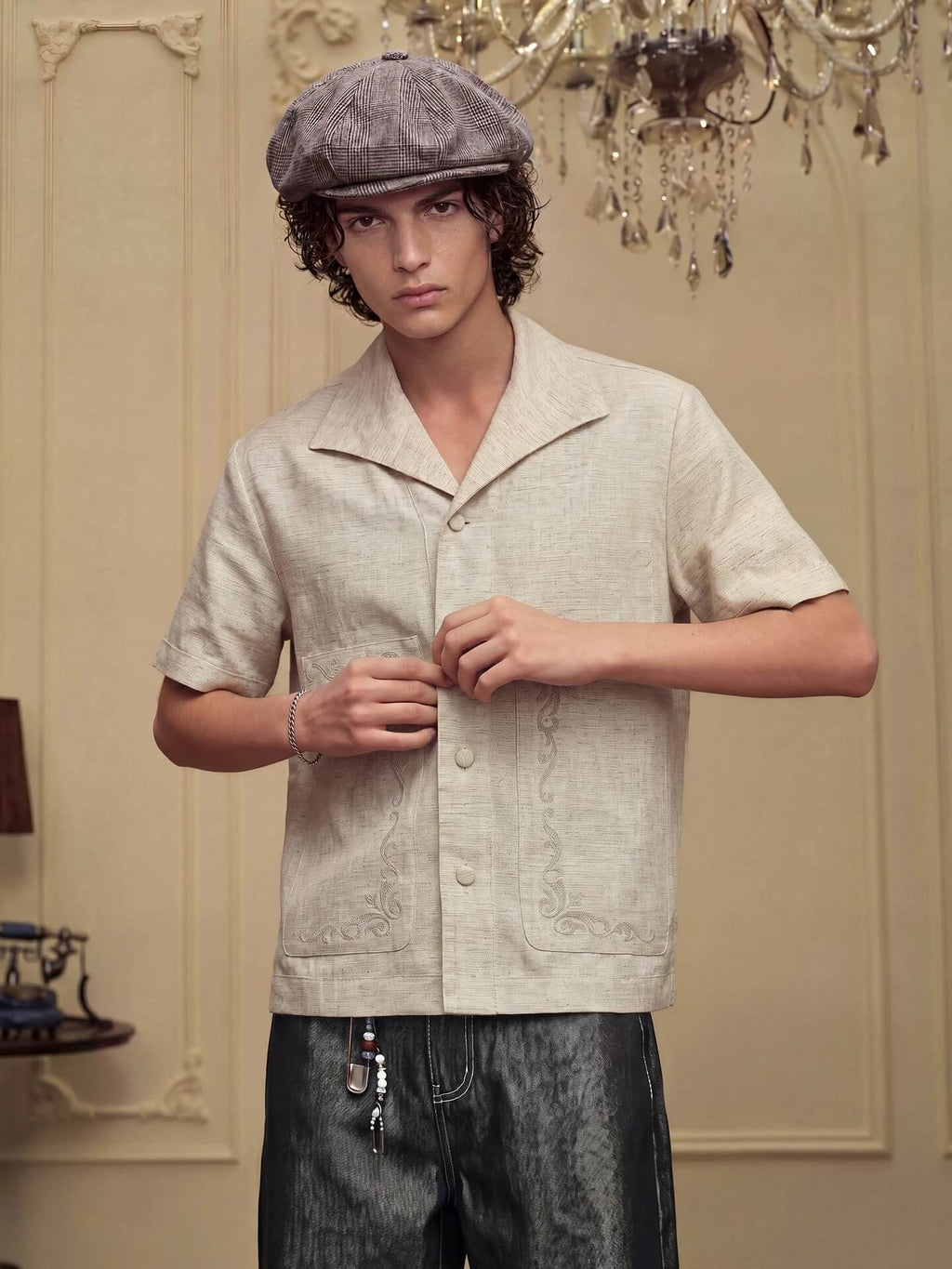 YADcrew Linen Blend Embroidered Short Sleeve Shirt