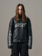 S45 Star Print PU Leather Leopard Lined Biker Jacket