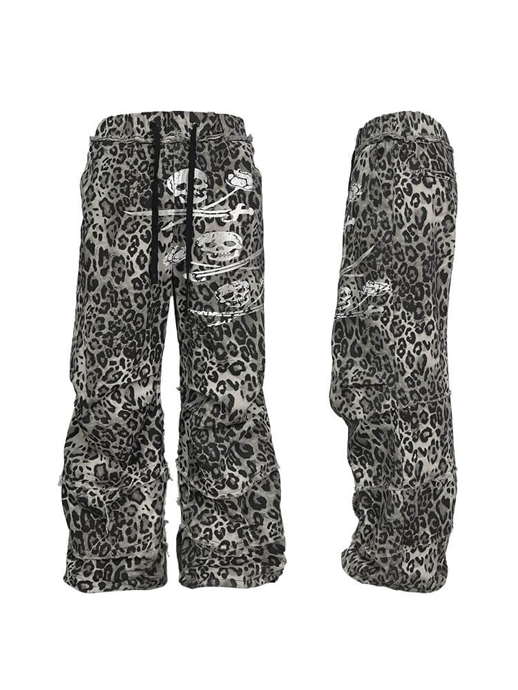Night Lab Skull Pirate Leopard Printed Distressed Pants