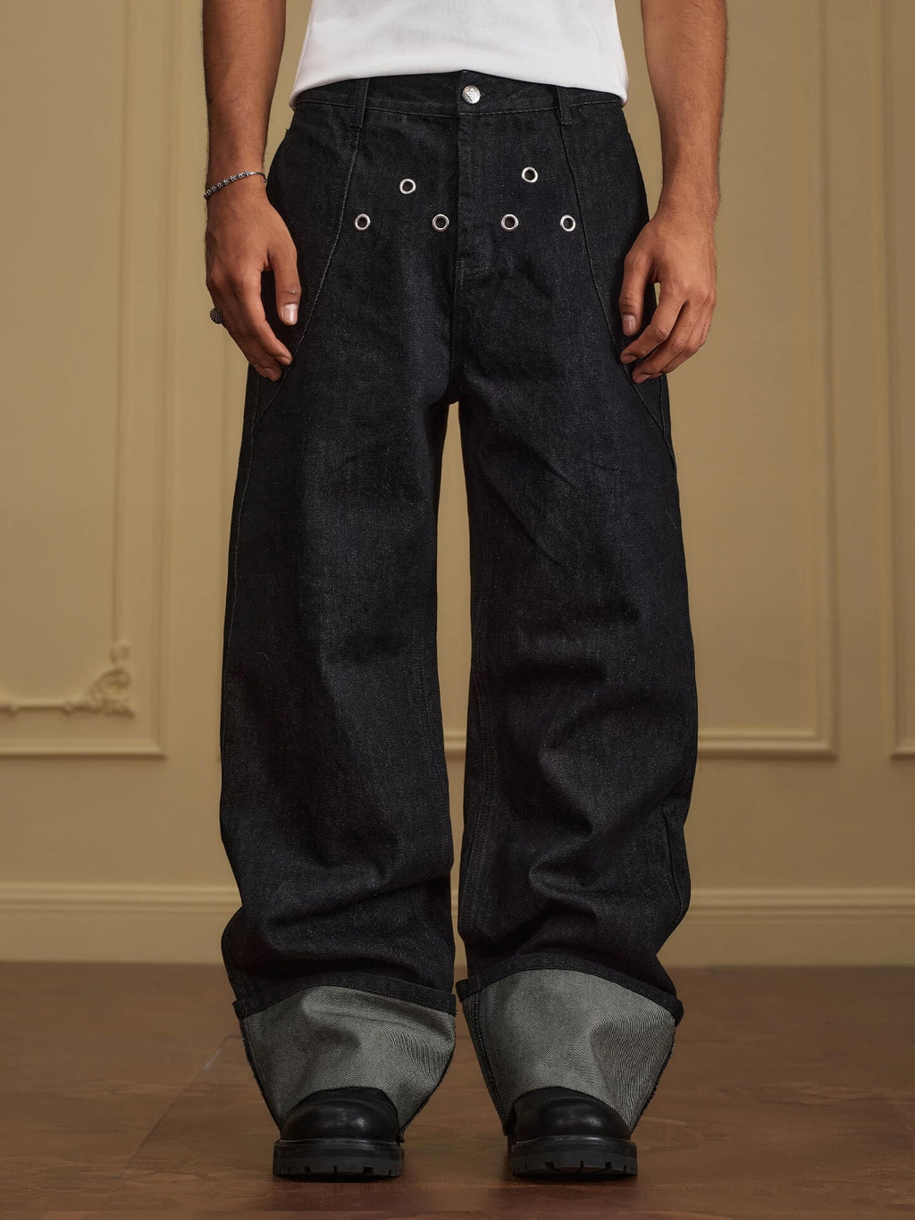 YADcrew Silver Eyelet Contrast Cuff Baggy Jeans